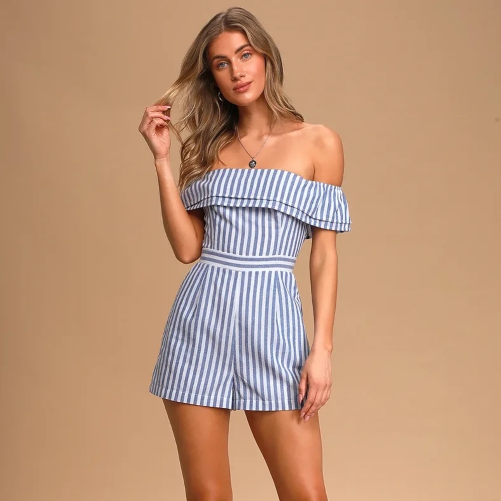 Lulu’s Blue Striped Off-the-Shoulder Romper